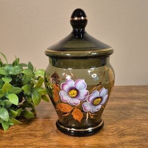 BOHEMIA CRYSTAL Glass Handpainted Floral Footed Lidded Jar Gold Tone Trim Leaves